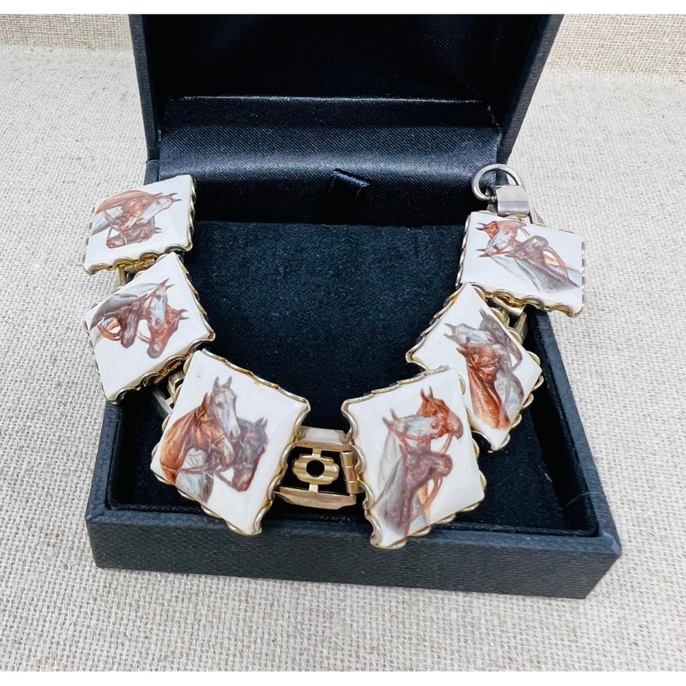 Vintage Equestrian Horse Portrait Porcelain Tile Link Bracelet Gold Tone 7.5in - Picture 3 of 11